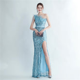 Heavy Industry Ostrich Hair Craft Beading Hair Oblique Shoulder Side Slit High End Evening Dress